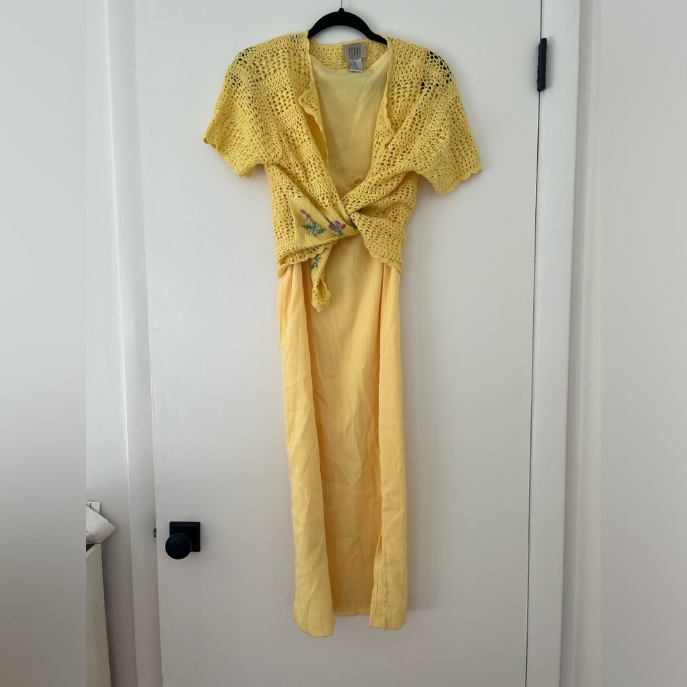 Yellow Crochet Overlay Dress vintage handmade USA small
